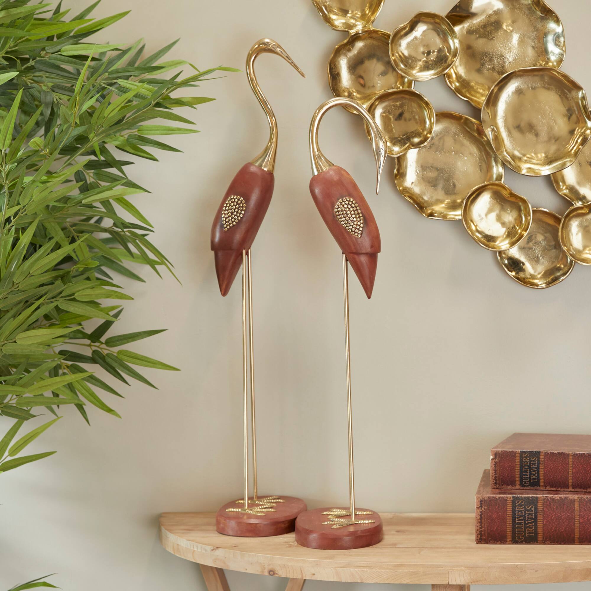 Gold Wood & Metal Bird Sculpture Set